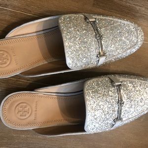 Tory Burch Silver Glitter Amelia Mules